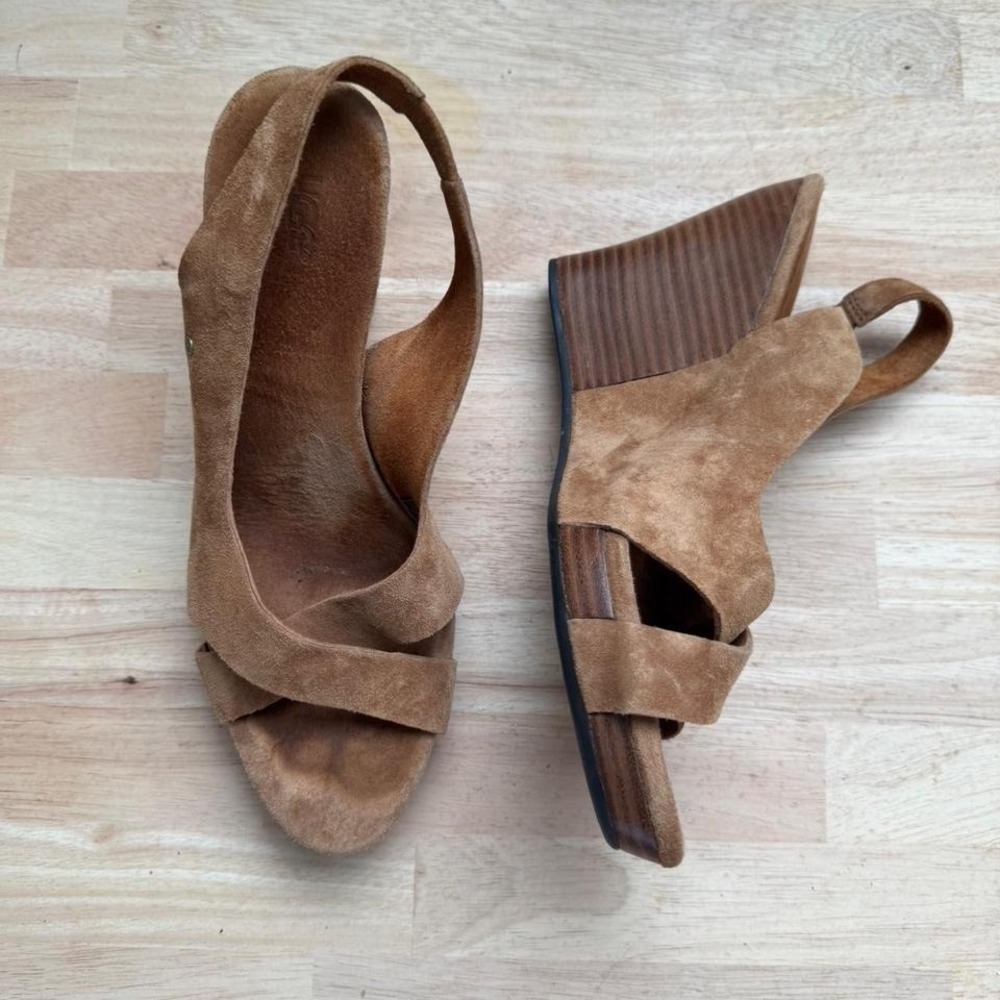 UGG suede brown heel size 7 peeptoe strappy - Picture 2 of 7